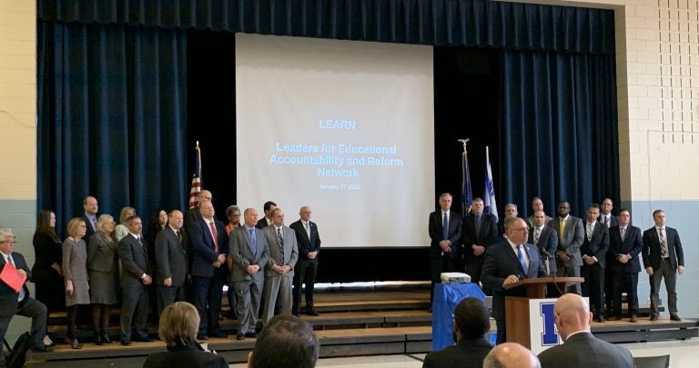 Superintendents and other school leaders including Philadelphia Board of Education president Joyce Wilkerson hold a press conference in Norristown announcing a joint effort to seek charter reform (The Notebook)