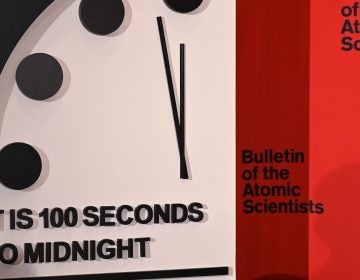 The Doomsday Clock reads 100 seconds to midnight, a decision made by the Bulletin of the Atomic Scientists that was announced Thursday. The clock is intended to represent the danger of global catastrophe. (Eva Hambach/AFP via Getty Images)