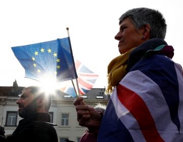 An anti-Brexit demonstrator holds British and European Union flags during a protest in front of the European Parliament in Brussels on Thursday. (Francois Lenoir/Reuters)