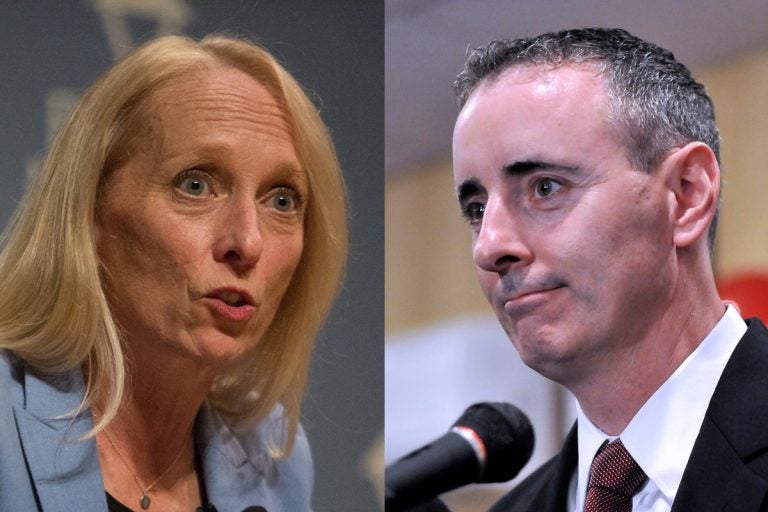 U.S. Rep Mary Gay Scanlon and U.S. Rep Brian Fitzpatrick. (WHYY file photos)