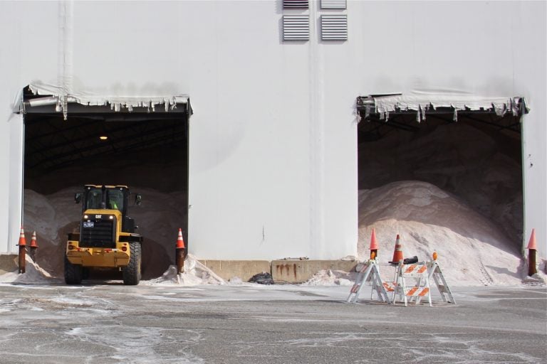 Road salt fills a storage barn in Southwest Philadelphia. (Emma Lee/WHYY)