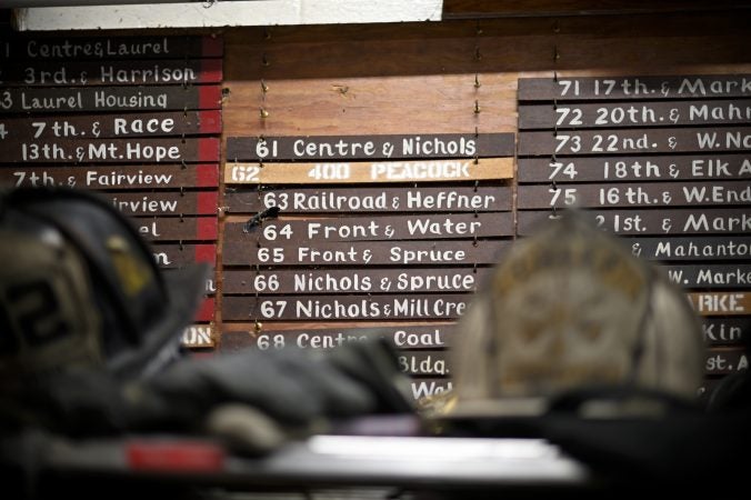 Firefighters' gear and call box locations at the fire house of the Humane Fire Co., in Pottsville, Pa. (Bas Slabbers for Keystone Crossroads)