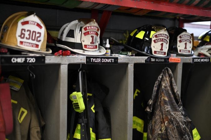 Helmets of volunteer firefighters at the fire house of the Rainbow Hose Co., in Schuylkill Haven, Pa. (Bas Slabbers for Keystone Crossroads)