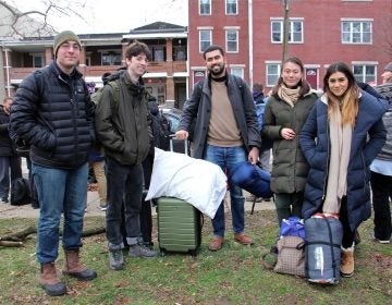 Penn students (from left) Ben Moss-Horwitz, Ethan Kaimana, Jay Vaingankar, Jana Pugsley and Amira Chowdhury, are headed to New Hampshire to spend the weekend canvassing for presidential candidate Bernie Sanders. (Emma Lee/WHYY)