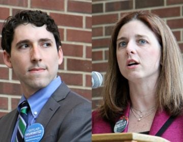 Democratic candidates for congress in Pennsylvania's 1st Congressional District, Skylar Hurwitz (left) and Christina Finello, debate at Bucks County Community College in Bristol. (Emma Lee/WHYY)