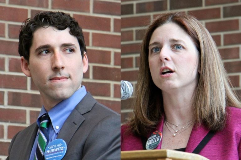 Democratic candidates for congress in Pennsylvania's 1st Congressional District, Skylar Hurwitz (left) and Christina Finello, debate at Bucks County Community College in Bristol. (Emma Lee/WHYY)