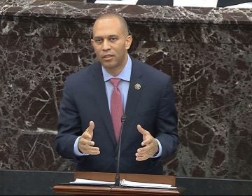 In this image from video, House impeachment manager Rep. Hakeem Jeffries, D-N.Y., speaks during closing arguments in the impeachment trial against President Donald Trump in the Senate at the U.S. Capitol in Washington, Monday, Feb. 3, 2020. (Senate Television via AP)