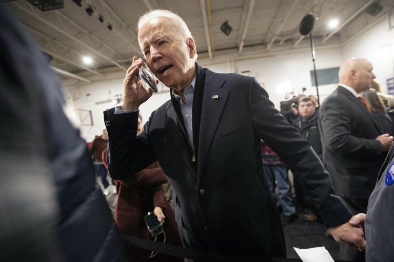 Democratic presidential candidate former Vice President Joe Biden wishes Barbara Moroney, of Rocky Point, N.Y., a happy 80th birthday during a campaign rally, Tuesday, Feb. 4, 2020, in Nashua, N.H. (Mary Altaffer/AP Photo)