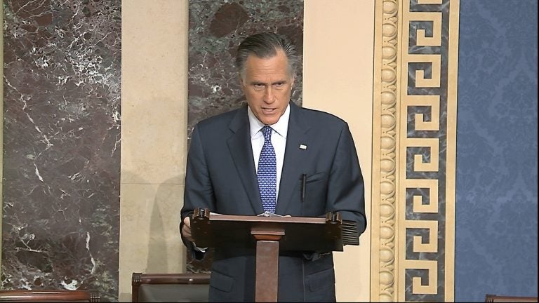 In this image from video, Sen. Mitt Romney, R-Utah, speaks on the Senate floor about the impeachment trial against President Donald Trump at the U.S. Capitol in Washington, Wednesday, Feb. 5, 2020. The Senate will vote on the Articles of Impeachment on Wednesday afternoon. (Senate Television via AP)