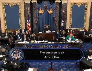 In this image from video, the vote total, 52-48 for not guilty, on the first article of impeachment, abuse of power, is displayed on screen during the impeachment trial against President Donald Trump in the Senate at the U.S. Capitol in Washington, Wednesday, Feb. 5, 2020. (Senate Television via AP)