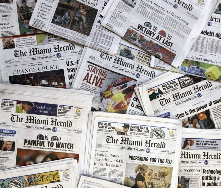 Copies of the McClatchy Co. owned Miami Herald newspaper are shown Wednesday, Oct. 14, 2009 in Miami. (Wilfredo Lee/AP Photo)