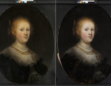 This photo combo provided by Allentown Art Museum shows from left, before and after restoration of a painting called 