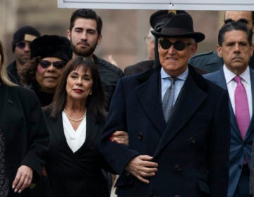 Roger Stone accompanied by his wife Nydia Stone, second from left, arrives at federal court in Washington, Thursday, Feb. 20, 2020. (Manuel Balce Ceneta/AP Photo)