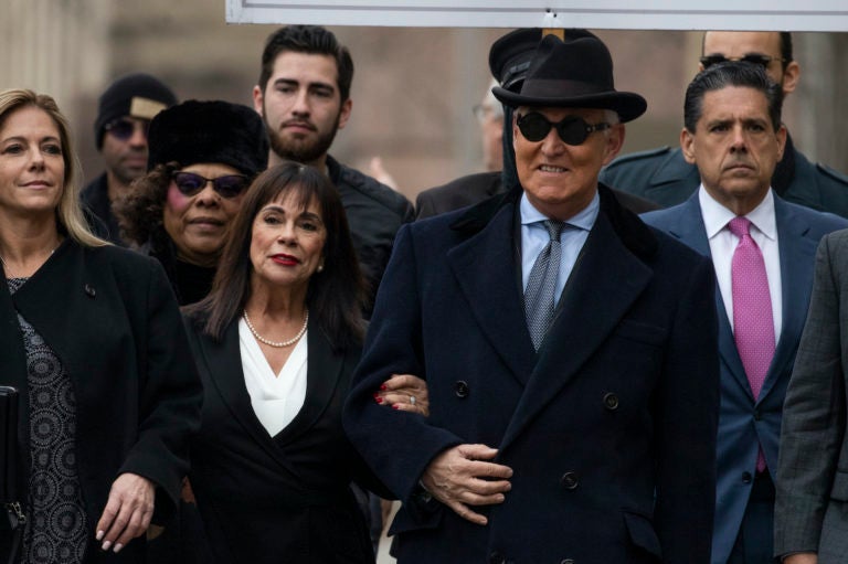 Roger Stone accompanied by his wife Nydia Stone, second from left, arrives at federal court in Washington, Thursday, Feb. 20, 2020. (Manuel Balce Ceneta/AP Photo)