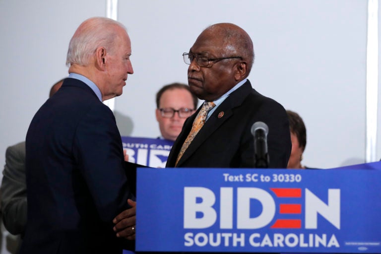 House Majority Whip, Rep. Jim Clyburn, D-S.C., greets Democratic presidential candidate former Vice President Joe Biden as he endorses him in North Charleston, S.C., Wednesday, Feb. 26, 2020. (AP Photo/Gerald Herbert)