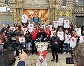 PFT president Jerry Jordan speaks at a news conference outside Hopkinson Elementary School, which is temporarily closed. (Courtesy of Lynn Oseguera)