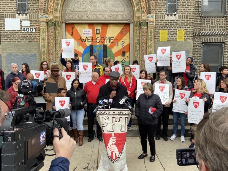 PFT president Jerry Jordan speaks at a news conference outside Hopkinson Elementary School, which is temporarily closed. (Courtesy of Lynn Oseguera)