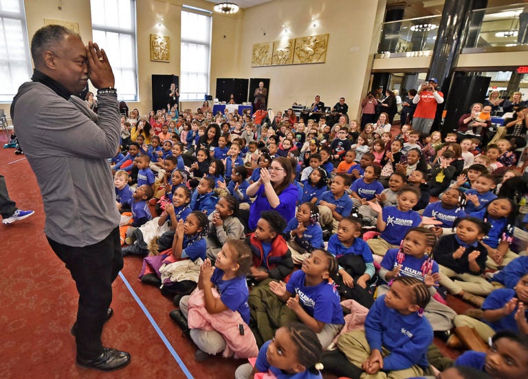 Actor LeVar Burton, 63, greets hundreds of young students at the Wilmington Public Library on Thursday, Feb., 20, 2020, in downtown Wilmington, Delaware.    ( Butch Comegys for WHYY)