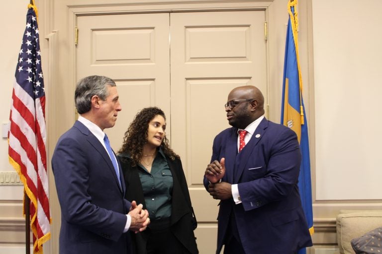 Former foster care child Mayda Berrios joined Gov. John Carney (left) and Tony Allen, Delaware State University president, after the State of the State speech. (State of Delaware)