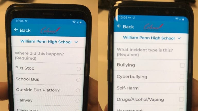 The STOPit app lets kids pinpoint the location and type of threat, such as bullying or mental health issues. (Cris Barrish/WHYY)