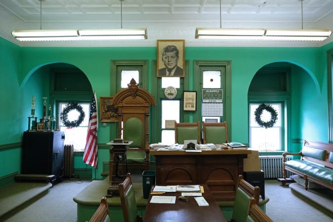 Inside the meeting room of the 19th century Phoenix Fire Company in Shenandoah, Pennsylvania. (Matt Smith for Keystone Crossroads)