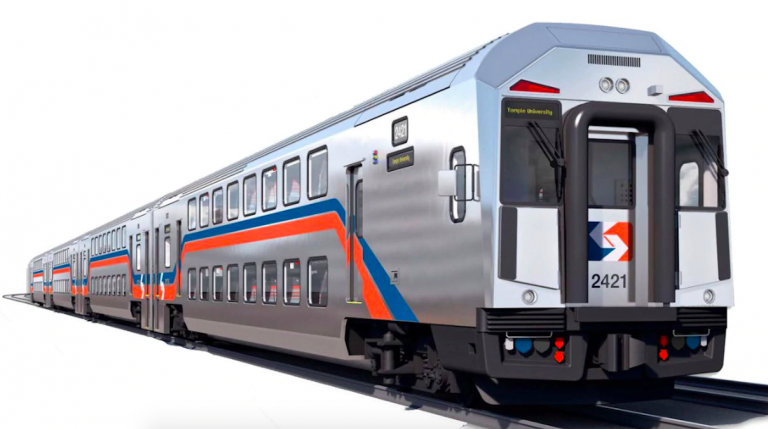 This rendering shows the double-deck passenger coach being built for use on SEPTA's Regional Rail system by CRRC Corporation Limited. (CRRC)
