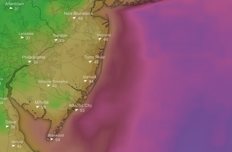 The wind gust forecast for 2 p.m. Friday. (windy.com)