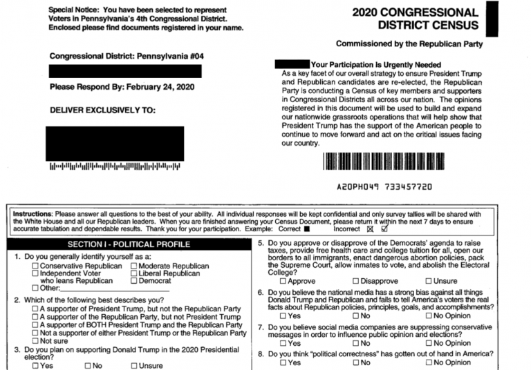 The Republican National Committee has mailed forms, called the “2020 Congressional District Census,” to selected homes in Montgomery and Berks counties in recent weeks. (provided)