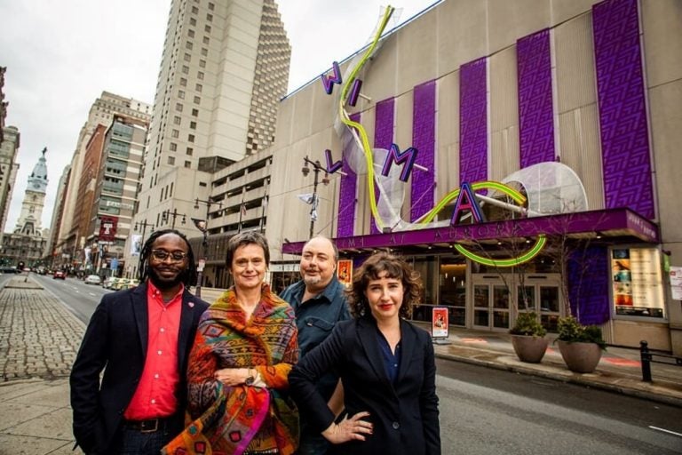 Wilma Theater's four co-artistic directors pose in the middle of South Broad Street, across from the theater. From left: James Ijames, Blanka Zizka, Yury Urnov and Morgan Green. (Photo courtesy of Wide Eyed Studio)