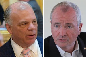 Gov. Phil Murphy, right, and Senate President Steve Sweeney are at odds over allowing some districts to fill school funding gap by going over 2% property tax cap. (NJ Spotlight)