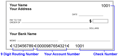 Sample check with bank routing and account number