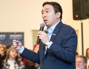 Democratic presidential candidate Andrew Yang speaks during a campaign event at Hopkinton Town Hall on Feb. 9 in Hopkinton, N.H. (Scott Eisen/Getty Images)