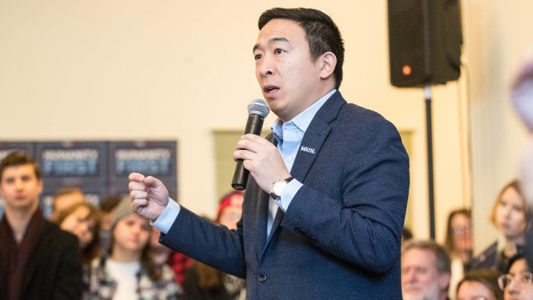 Democratic presidential candidate Andrew Yang speaks during a campaign event at Hopkinton Town Hall on Feb. 9 in Hopkinton, N.H. (Scott Eisen/Getty Images)