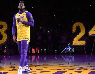 LeBron James offered a heartfelt tribute to Kobe Bryant during the Los Angeles Lakers pregame ceremony at the Staples Center Friday. (Harry How/Getty Images)