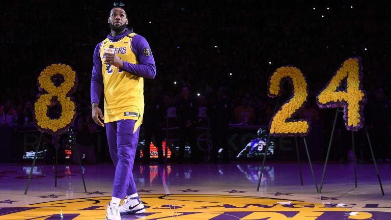 LeBron James offered a heartfelt tribute to Kobe Bryant during the Los Angeles Lakers pregame ceremony at the Staples Center Friday. (Harry How/Getty Images)