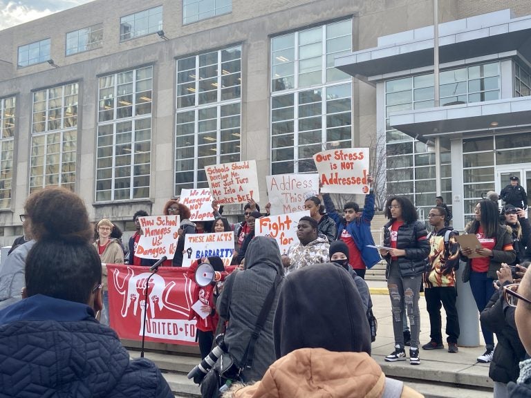 Students rally outside School District headquarters on Jan. 30 demanding better mental health services in schools. (Courtesy of Rebekah Canty)