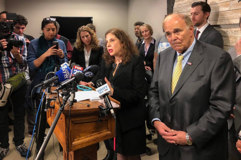 Former Pa. Gov. Ed Rendell and Safehouse VP Ronda Goldfein (center) announce plans to open a supervised injection site in South Philadelphia (Michaela Winberg/WHYY)
