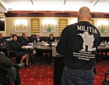 Ron Maccri of Vineland, an advocate for a Second Amendment Sanctuary resolution makes his case to the Cumberland County freeholder board. The resolution passed with a unanimous vote. (Emma Lee/WHYY)