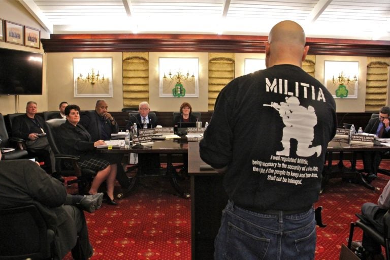 Ron Maccri of Vineland, an advocate for a Second Amendment Sanctuary resolution makes his case to the Cumberland County freeholder board. The resolution passed with a unanimous vote. (Emma Lee/WHYY)