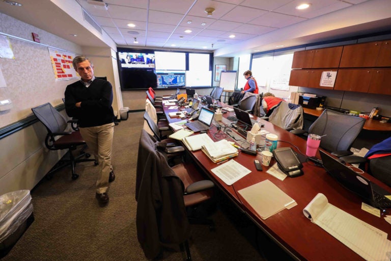 Governor John Carney visits the State Health Operations Center on Monday. March 16, 2020, in Smyrna, Del. (Saquan Stimpson for WHYY)