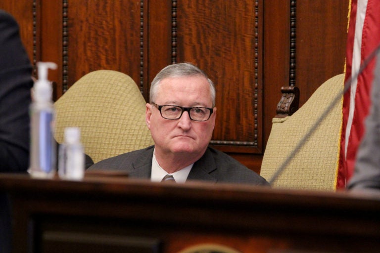 Philadelphia Mayor Jim Kenney listens during the daily coronavirus update at City Hall. (Emma Lee/WHYY)