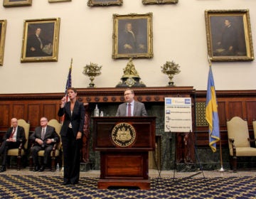 Philadelphia Managing Director Brian Abernathy speaks during the daily coronavirus update at City Hall, joined by (from left) Health Commissioner Thomas Farley and Mayor Jim Kenney. (Emma Lee/WHYY)