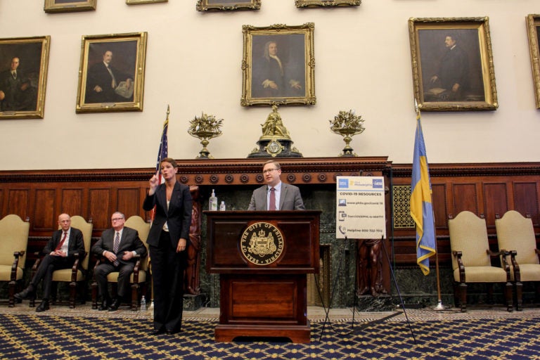 Philadelphia Managing Director Brian Abernathy speaks during the daily coronavirus update at City Hall, joined by (from left) Health Commissioner Thomas Farley and Mayor Jim Kenney. (Emma Lee/WHYY)