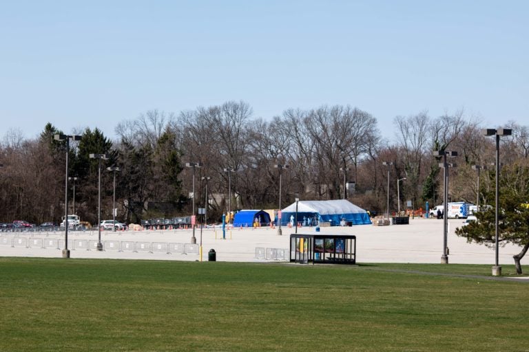 Drive-thru testing for COVID-19 took place in medical tents on Temple University's Ambler Campus in Montgomery County. (Becca Haydu for WHYY)