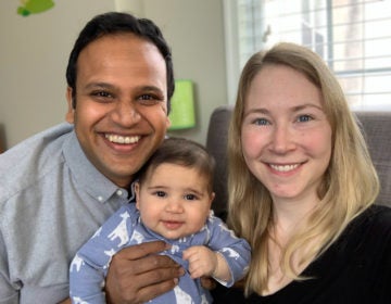 Austin Kilaru with his wife, Katie Auriemma, and their 5-month-old son Owen. Kilaru is an emergency room  physician and Auriemma is an ICU doctor, both at Penn. They both worry about how they will care for Owen if they get infected with coronavirus. (Photo courtesy of Austin Kilaru)