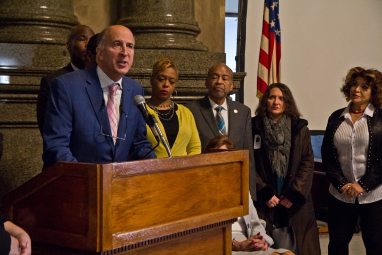 City council person Mark Squilla speaks at a press conference with other local officials about Senate Bill 933 which would prohibit supervised infection sites unless they are authorized by local governments. (Kimberly Paynter/WHYY)