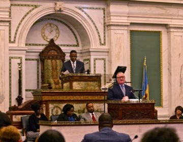 Philadelphia Mayor Jim Kenney delivers the 2020 budget address in council chambers. (Kimberly Paynter/WHYY)