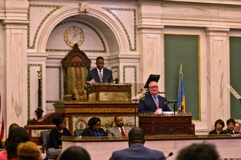 Philadelphia Mayor Jim Kenney delivers the 2020 budget address in council chambers. (Kimberly Paynter/WHYY)