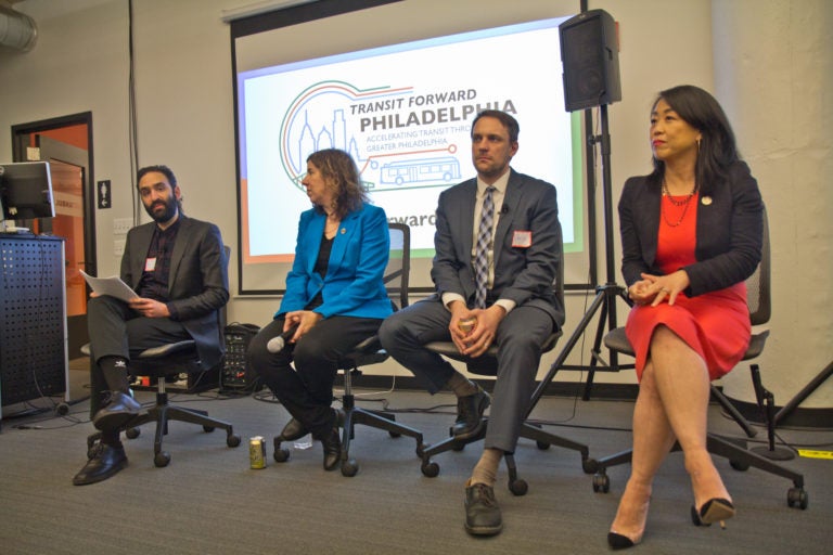 Transit Forward Philadelphia organizer Yasha Zarrinkelk (left) hosted a panel discussion with SEPTA General Manager Leslie Richards, (second from left) Chris Puchalsky, director of policy and strategic initiatives for Philadelphia’s Office of Transportation, Infrastructure and Sustainability, (second from right) and City Councilmember Helen Gym at Azavea. (Kimberly Paynter/WHYY)