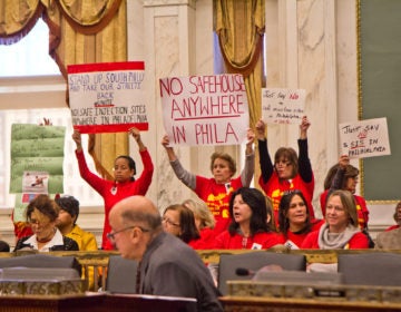 A coalition of South Philadelphia residents cheer opponents of safe injections sites at a hearing in City Council.